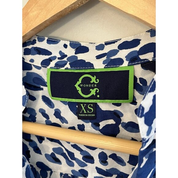 C Wonder Silk Shirt XS‎ Blue And White Cheetah Print Button Cuff - Picture 2 of 12